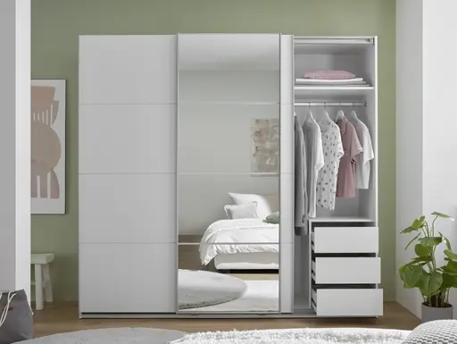Schwebetürenschrank- B ca. 215 cm, Weiß, Spiegel