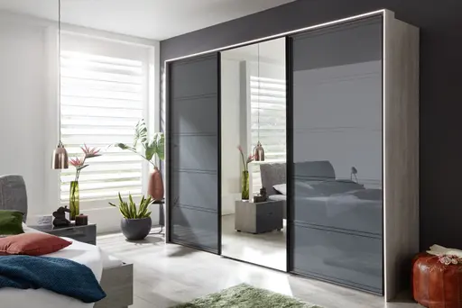 Schwebetürenschrank 3-türig EM Arango - mit Passepartout und Beleuchtung, B. ca. 298 cm, Dekor Eiche grau, Anthrazitglas, Kristallspiegel