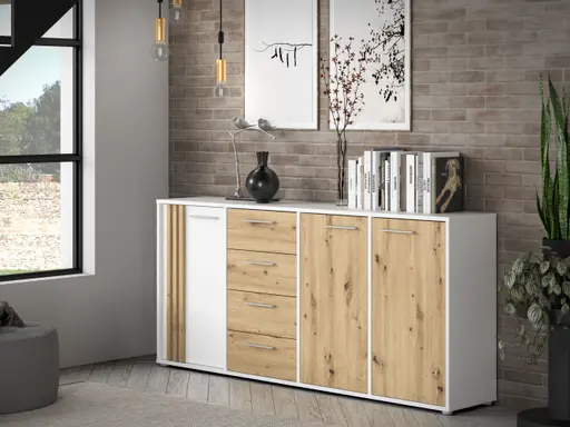 Sideboard FLORISS- Weiß, Eiche Dekor