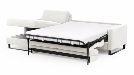 Schlafsofa Laredo - Longchair mit 2-Sitzer rechts inkl. Schlaffunktion mit Bettkasten, Stoff, Graubeige