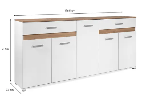 Sideboard- Weiß, Eiche Dekor