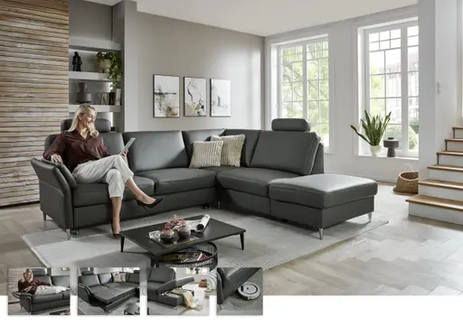 Ecksofa - 3-Sitzer mit Ecke rechts, Leder, Anthrazit