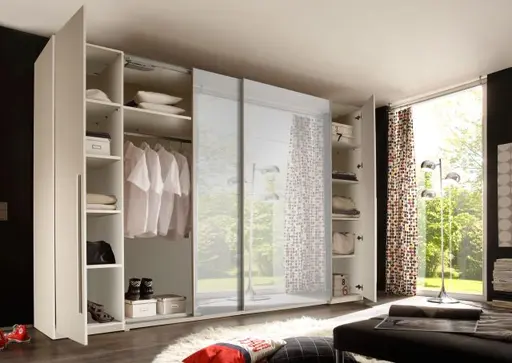 Schwebe-/Drehtürenschrank- B ca. 270 cm, Weiß, Spiegel