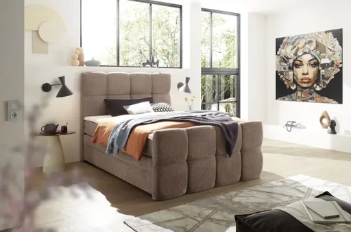 Boxspringbett SANDRIN R- Liegefläche ca. 140x200 cm, Stoff, Rose, inkl. Stauraum und Fußteil