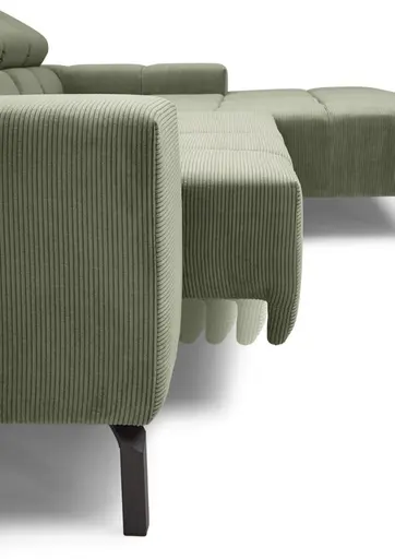 Ecksofa CLIVIA -  2-Sitzer mit Longchair rechts, Sitzvorzug motorisch, Kopfteil verstellbar, Feincord, Olive