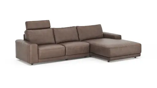 Ecksofa Balok - 2,5-Sitzer mit Longchair groß rechts, inkl. Relaxfunktion (motorisch) und Kopfstütze, Leder, Dunkelbraun