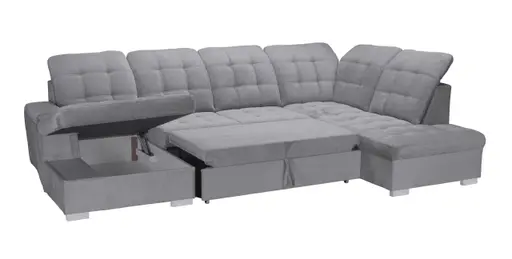Wohnlandschaft - Longchair links, 1,5-Sitzer, Ecke rechts inkl. Schlaffunktion und Bettkasten, verstellbare Kopfstützen, Stoff, Grau