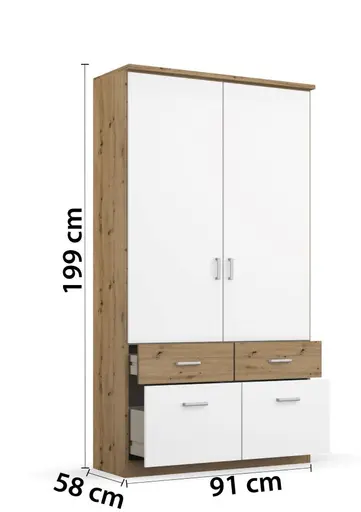 Drehtürenschrank ROYAN- B ca. 91 cm, Eiche Dekor, Weiß