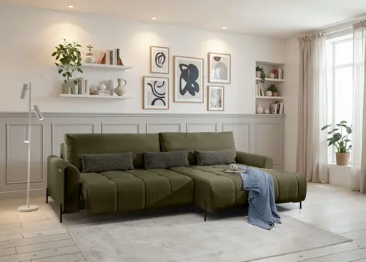 Ecksofa - 2-Sitzer mit Longchair rechts, Sitztiefe verstellbar motorisch, Stoff, Dunkelgrün