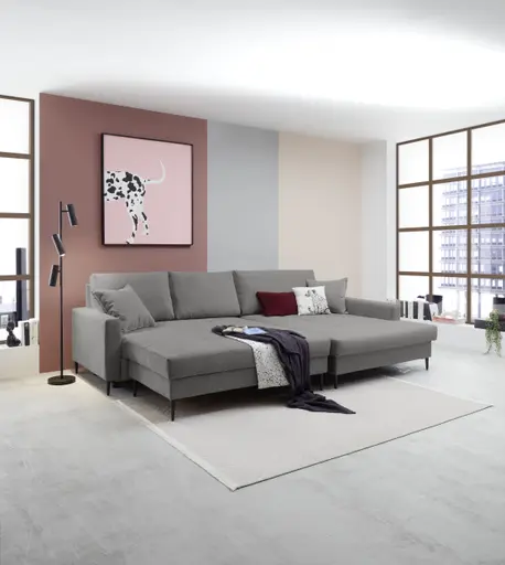 Ecksofa - 3-Sitzer mit Longchair rechts, Schlaffunktion mit Bettkasten, Stoff, Grau