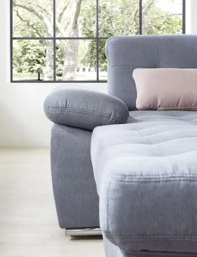 Wohnlandschaft - Longchair links, 3-Sitzer, Ecke rechts inkl. Kopfteilverstellung, Armteilverstellung in Flachgewebe blaugrau