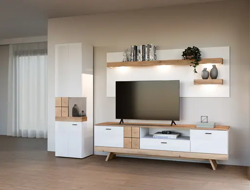 TV-Lowboard - B ca. 216 cm, Alpinweiß, Coast Evoke Eiche Nachbildung, Weiß Hochglanz