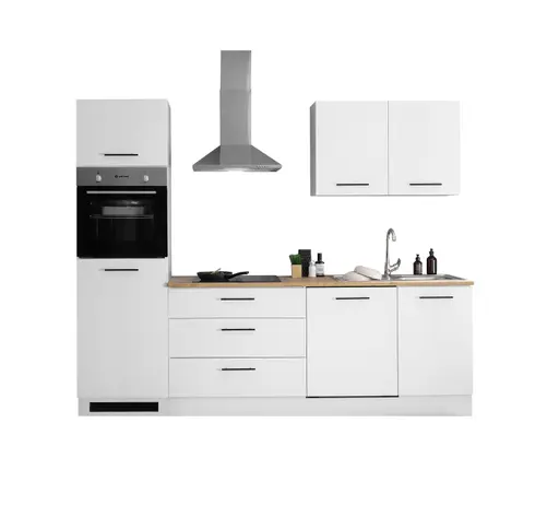 Küchenblock- inkl. E-Geräte, B ca. 260 cm, Weiß Matt, Eiche Dekor