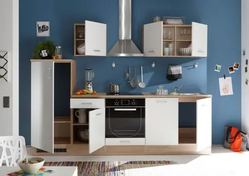 Küchenblock- ohne E-Geräte, B ca. 270 cm, Eiche Dekor, Weiß Matt