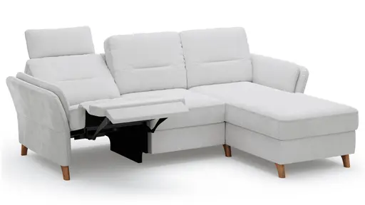 Ecksofa Vayra - 2,5-Sitzer mit Longchair rechts, inkl. Relaxfunktion (motorisch) und Kopfstütze verstellbar (manuell), Stoff, Offwhite