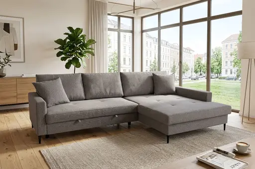 Ecksofa - 3-Sitzer mit Longchair rechts, Schlaffunktion mit Bettkasten, Stoff, Grau