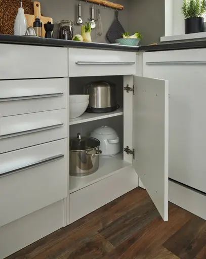 Küchenblock Eck- Inkl. E-Geräte, B ca. 260 cm, Weiß Matt, Weiß Hochglanz