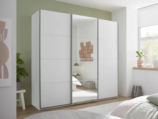 Schwebetürenschrank- B ca. 215 cm, Weiß, Spiegel