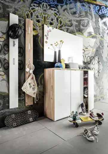 Schuhschrank GLEDA - Glas, Weiß, Eiche Dekor