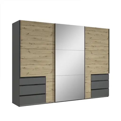 Schwebetürenschrank- B ca. 300 cm, Graphit, Eiche Dekor