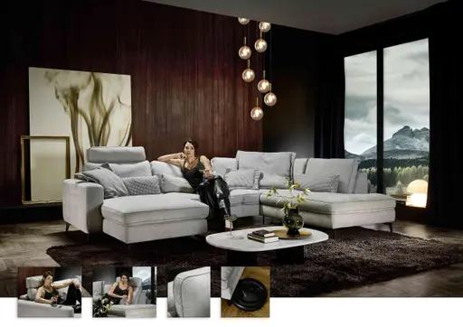 Wohnlandschaft - Longchair links mit 1,5-Sitzer und Ecke rechts, Stoff, Silbergrau