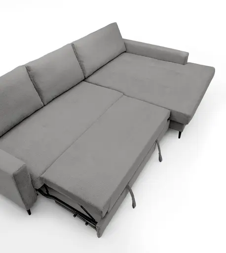 Ecksofa - 3-Sitzer mit Longchair rechts, Schlaffunktion mit Bettkasten, Stoff, Grau