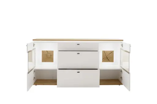 Sideboard mit Beleuchtung - Weiß, Absetzung Wildeiche Furnier