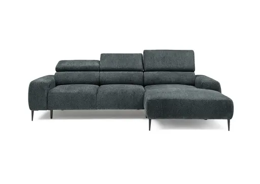 Ecksofa - 2-Sitzer mit Longchair rechts, Sitzvorzug motorisch, Kopfteil verstellbar, Stoff, Blaugrün