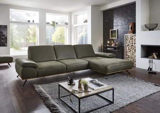Ecksofa - 3-Sitzer mit Longchair rechts, Leder, Olive