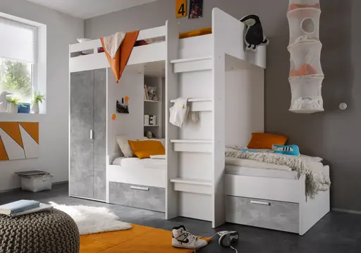 Hochbett- Liegefläche ca.90x200 cm, Weiß, Betonoptik Grau