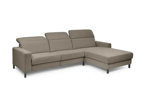 Ecksofa - CALM FLEX 2.0, 3-Sitzer mit Longchari rechts, Kopfteil verstellbar, Stoff, Braun