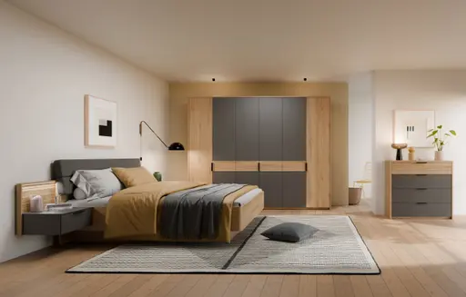 Bettgestell FALLEA- Liegefläche ca. 180x200 cm, inkl. 2 Nakos, Wildeiche Natur, Dunkelgrau