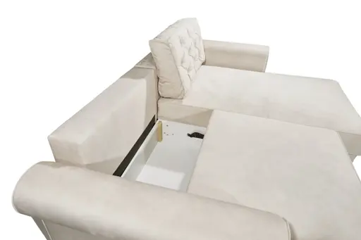 Ecksofa  - Sofa 2-Sitzer mit Longchair rechts, Schlaffunktion mit Bettkasten, Stoff, Creme