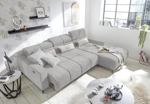 Ecksofa - 2-Sitzer mit Longchair rechts, Sitztiefe verstellbar motorisch/Kopfteil verstellbar, Stoff, Silbergrau
