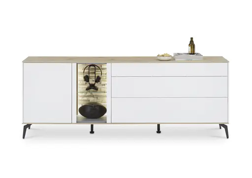 Lowboard - mit Beleuchtung, B ca. 207 cm, Weiß, Asteiche, Schwarz