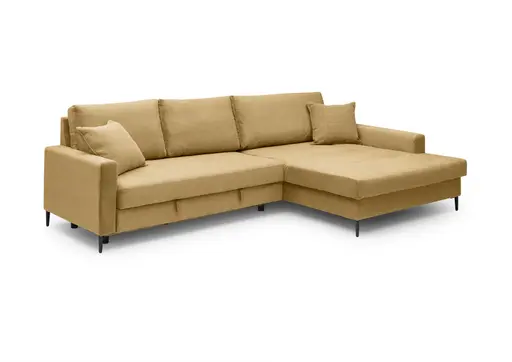 Ecksofa - 3-Sitzer mit Longchair rechts, Schlaffunktion mit Bettkasten, Stoff, Senfgelb