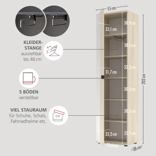 Garderobenschrank - B ca. 55 cm, Riva Eiche Nachbildung, Spiegel