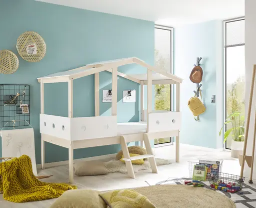 Hausbett - Liegefläche ca. 90x200 cm, Weiß, Kiefer Natur