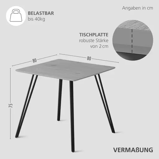 Esstisch - LB ca. 80x80 cm, Betonoptik, Schweizer Kante, Schwarz