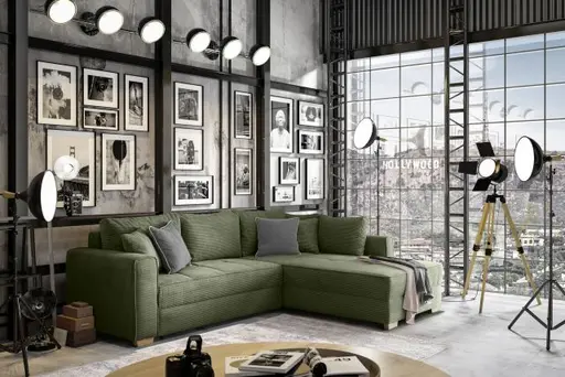 Ecksofa JAMELL - 2,5-Sitzer, Ecke rechts inkl. Schlaffunktion mit Bettkasten, Stoff, Grün