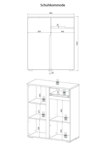 Schuhkommode - B ca. 88 cm, Weiß, Weiß Hochglanz, Anthrazit