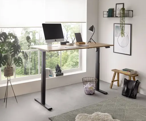 Schreibtisch - höhenverstellbar, LB ca. 137x68 cm, Eiche Dekor, Stahl, Schwarz