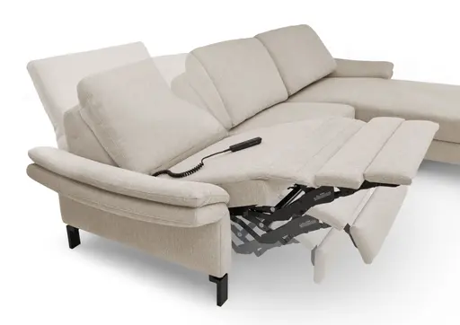 Ecksofa CALM PREMIUM 2.0 - Longchair links mit 3-Sitzer, Relaxfunktion motorisch, Armlehne verstellbar, Stoff, Sand