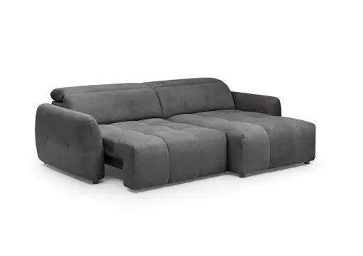Ecksofa MADAN - 1,5-Sitzer mit Longchair rechts, Sitztiefe verstellbar motorisch, Kopfteil verstellbar, Stoff, Graphite