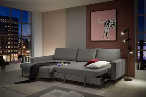 Ecksofa - Longchair links mit 3-Sitzer, Schlaffunktion mit Bettkasten, Stoff, Grau