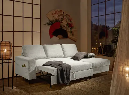 Ecksofa - 2-Sitzer mit Longchair rechts, Stoff, Creme