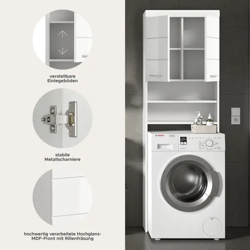 Waschmaschinenüberbau - B ca. 63 cm, Weiß, Weiß Hochglanz