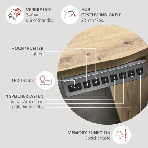 Schreibtisch - höhenverstellbar, LB ca. 160x77 cm, Artisan Eiche Nachbildung, Weiß