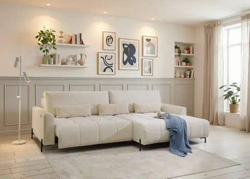 Ecksofa - 2-Sitzer mit Longchair rechts, Sitztiefe verstellbar motorisch, Stoff, Creme