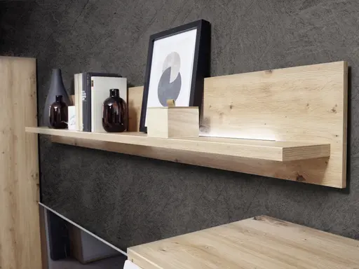 Wohnwand EM Teolo - mit Wandboard und Beleuchtung und geschroppter Rückwand, Alteiche, Lichtgrau